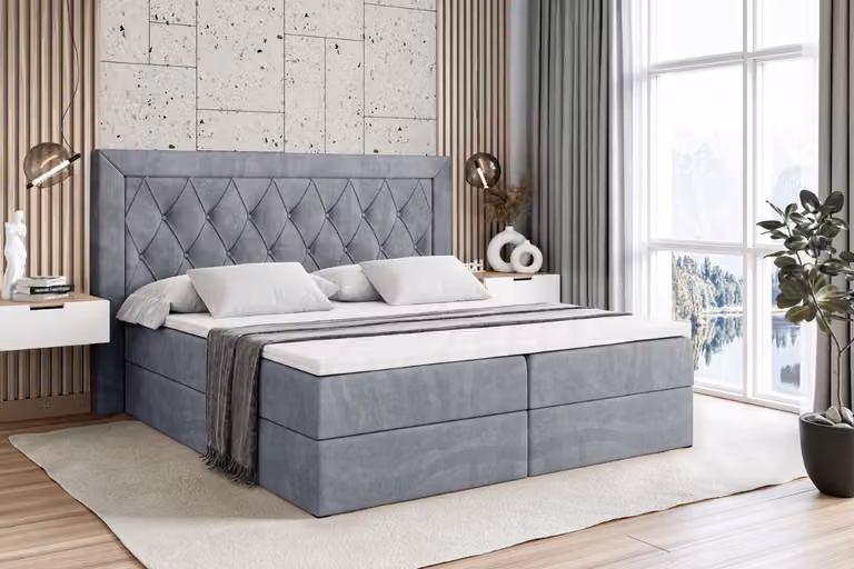 Letto boxspring ALTDECOR con materasso (altezza 20 cm) e topper (altezza 4 cm), letto imbottito con testiera e contenitore - NOEL - 120x200 - H3 / Grigio velluto