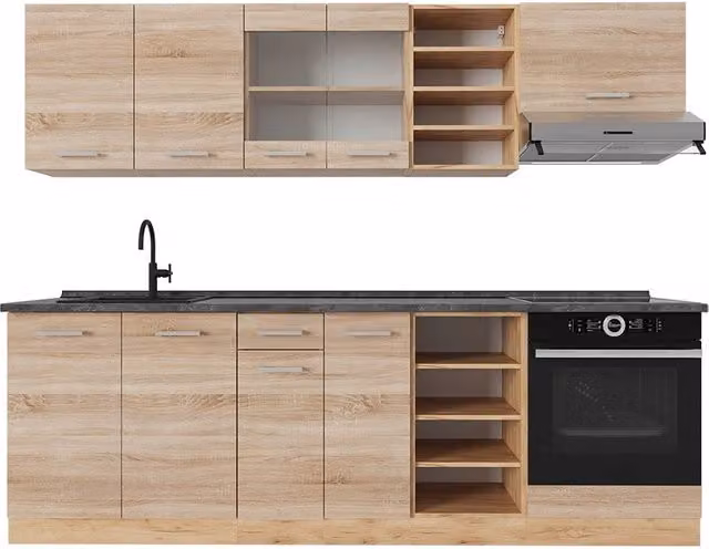 Cucina componibile moderna Vicco R-Line in rovere dorato e antracite, L: 240 cm
