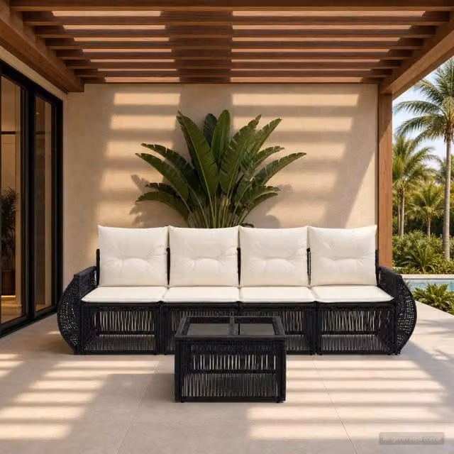 Set Divano da Giardino 5 Pezzi vidaXL in Polyrattan con Tavolino e Cuscini, Nero e Bianco Crema