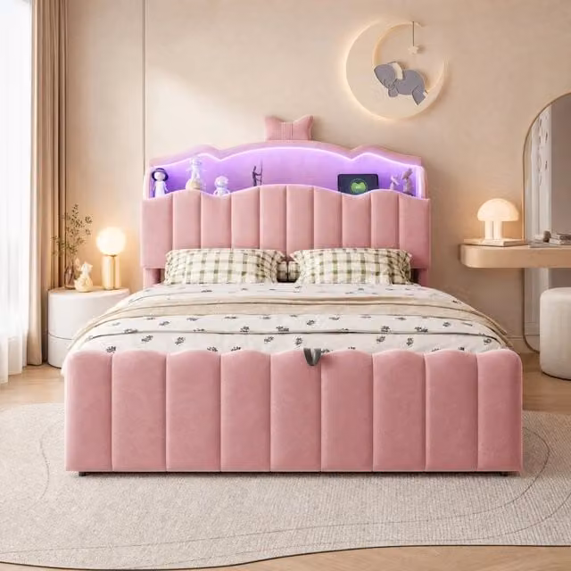 Letto imbottito per bambini 140x200 cm in velluto rosa con contenitore; LED e USB