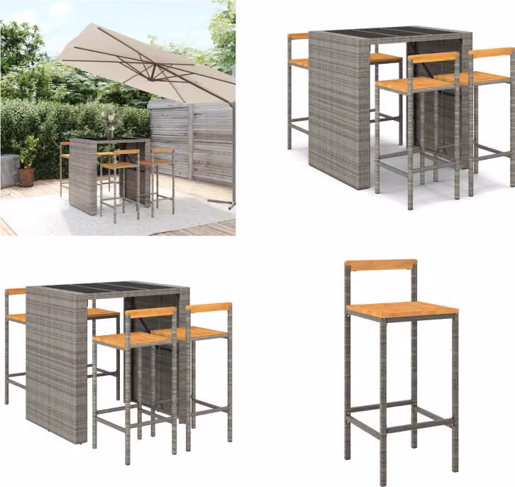 vidaXL Set bar da giardino 5 pezzi in poly rattan grigio e legno massiccio di acacia - Set bar da giardino - Set bar da giardino - Set bar da giardino - Bar da giardino