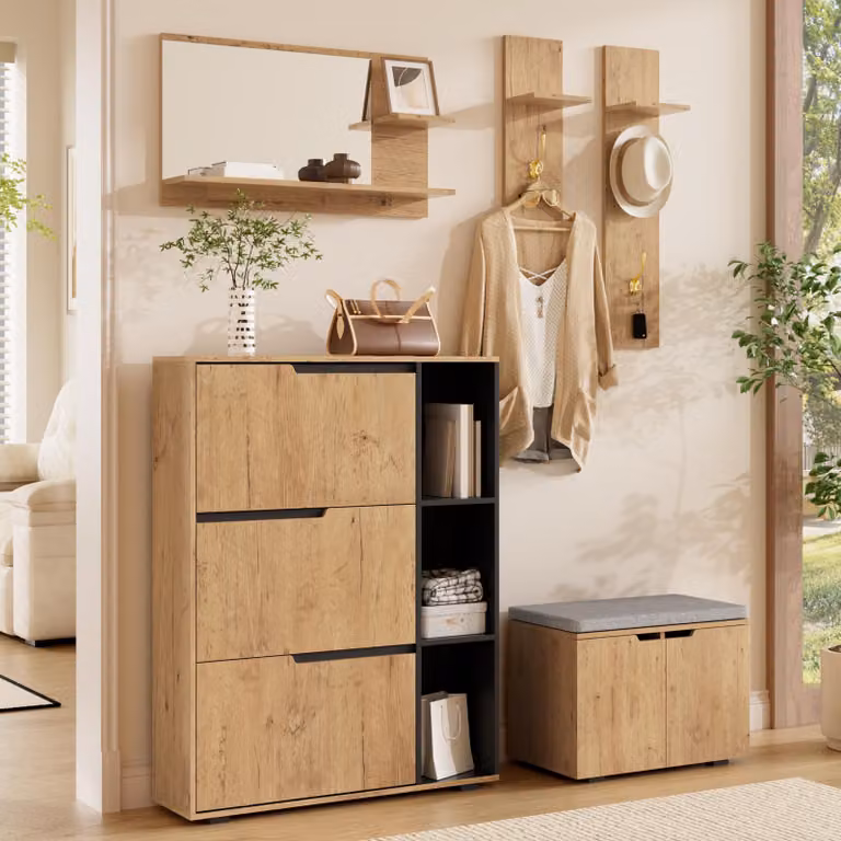 Set di armadietto per l'ingresso MODFU, composto da: armadietto per l'ingresso con specchio, mobiletto per scarpe con ripiano imbottito, e armadio con ganci. Arredamento moderno per l'ingresso, con finitura effetto legno/nero
