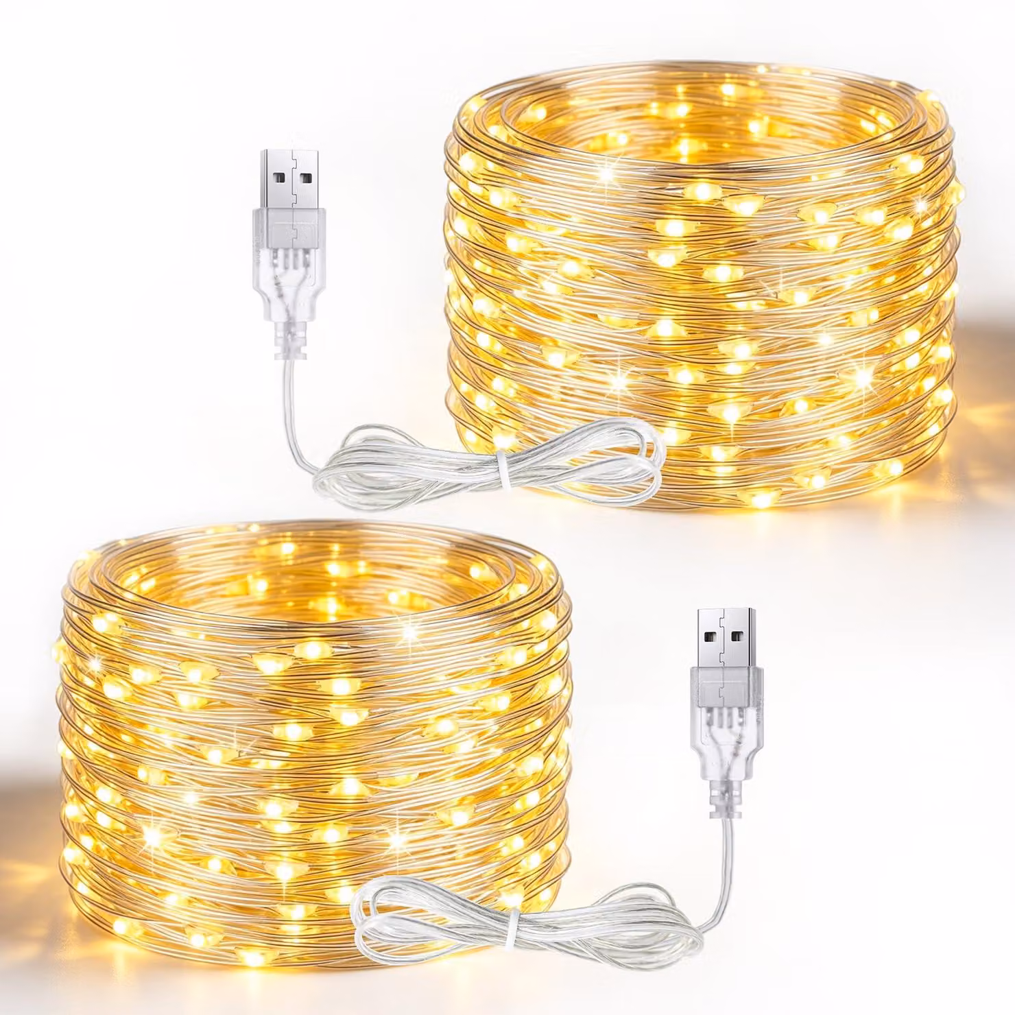 Catena luminosa da 5 metri, con 50 LED, luce bianco caldo, alimentazione USB, confezione da 2 pezzi