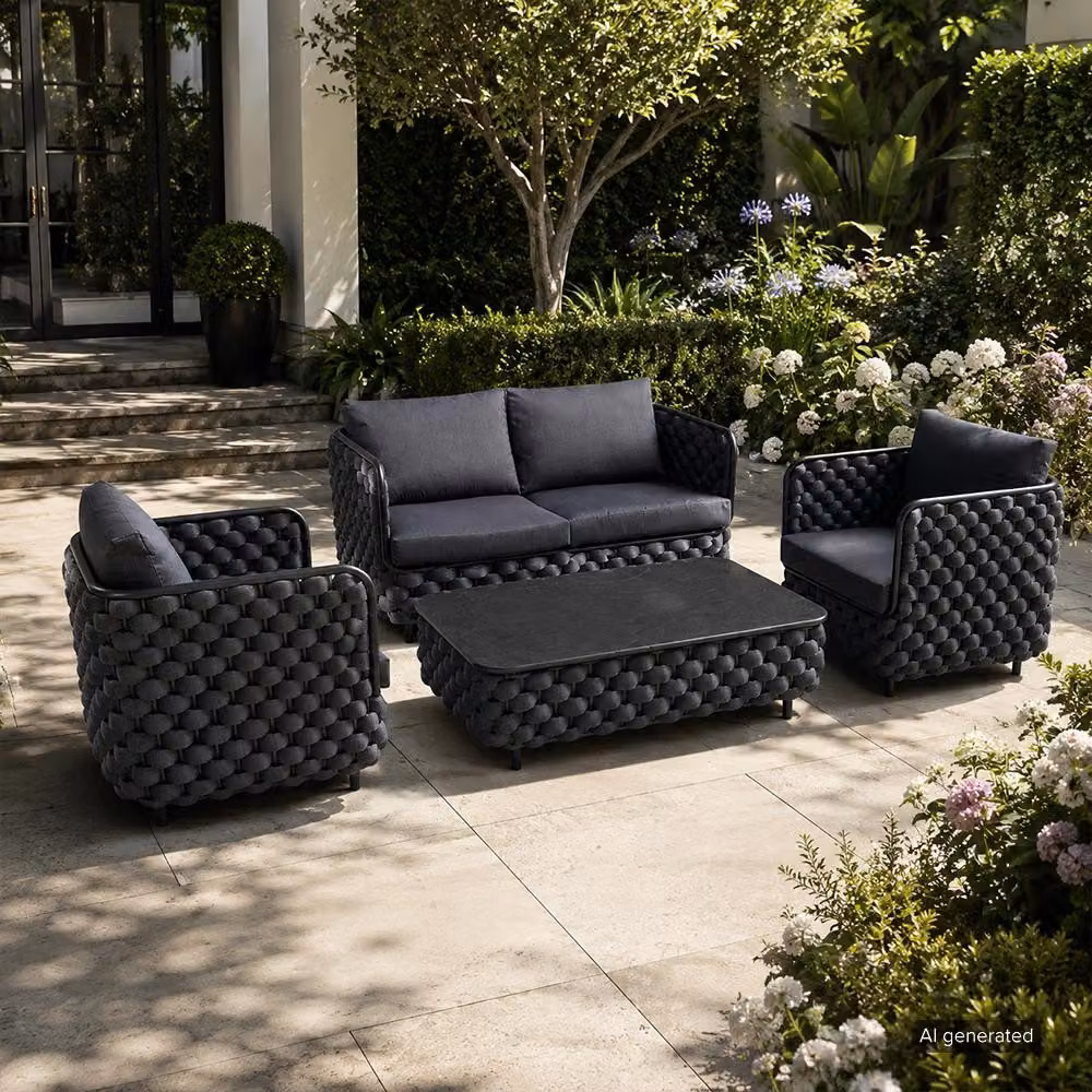 Set da giardino composto da 4 pezzi: divano a due posti, 2 poltrone e tavolo. Set da salotto resistente alle intemperie, ideale per giardino e balcone. Colore: nero / TB627-HEI /