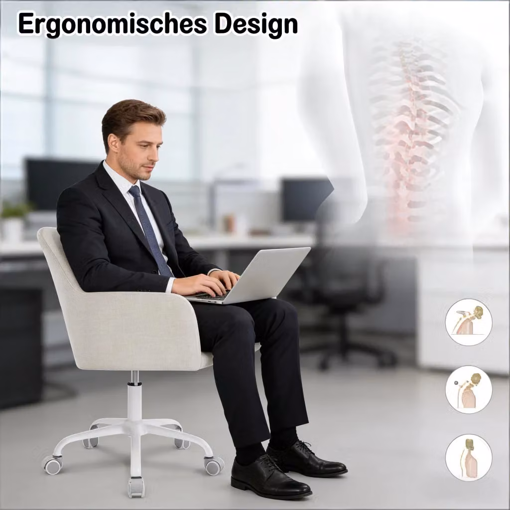 Sedia da ufficio ergonomica girevole REDOM in velluto bianco con braccioli e ruote L: 58 cm, P: 58,5 cm, H: 79,5-87 cm – 2