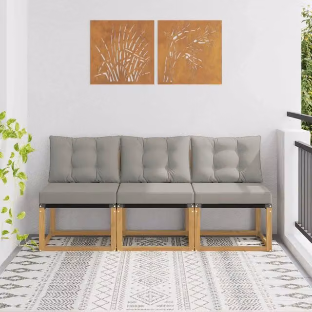 Set di 3 divani centrali da esterno vidaXL in legno di acacia e tessuto, colore bianco e grigio, stile moderno per giardino, balcone o terrazzo