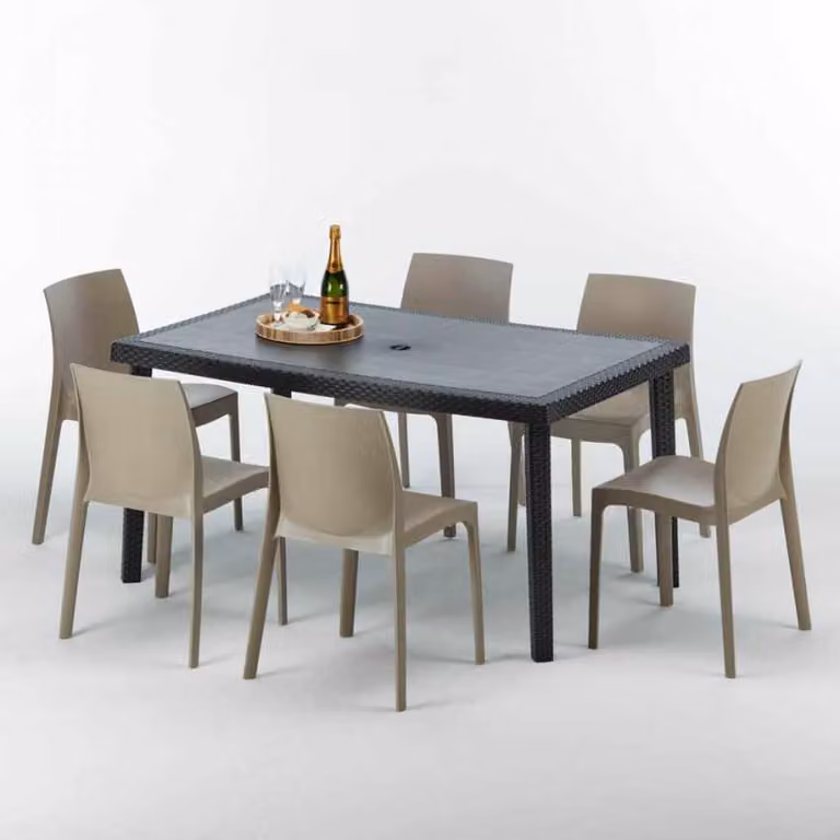 Tavolo rettangolare in Poly Rattan con 6 sedie colorate in Polyrattan 150x90 Nero
