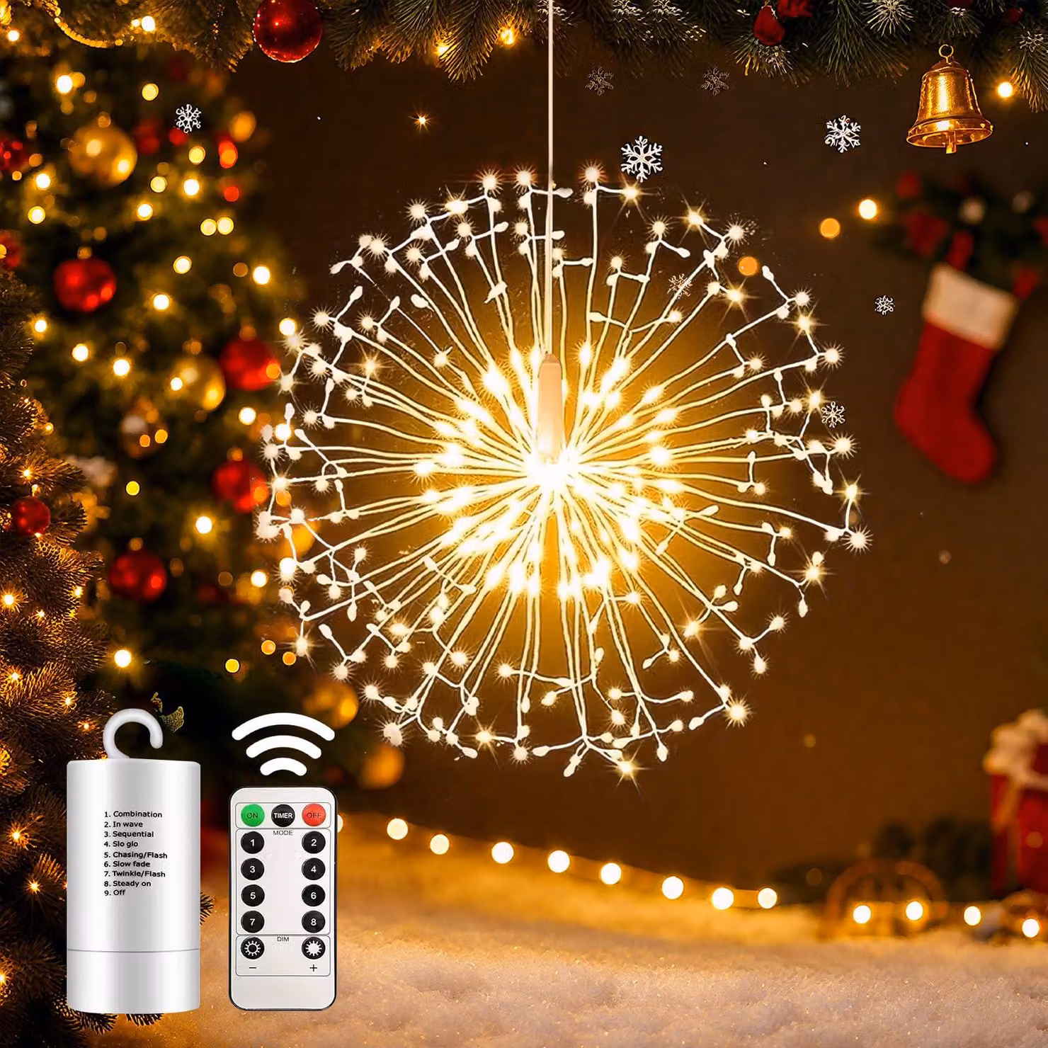 Catena luminosa con 198 LED, 8 modalità, telecomando, grado di protezione IP44, lunghezza 40 cm