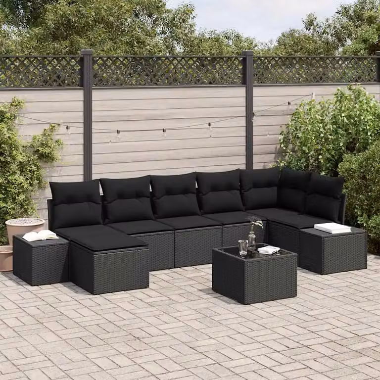 Set Divano da Giardino vidaXL 7 Pezzi Moderno in Polyrattan Nero con Cuscini e Tavolino