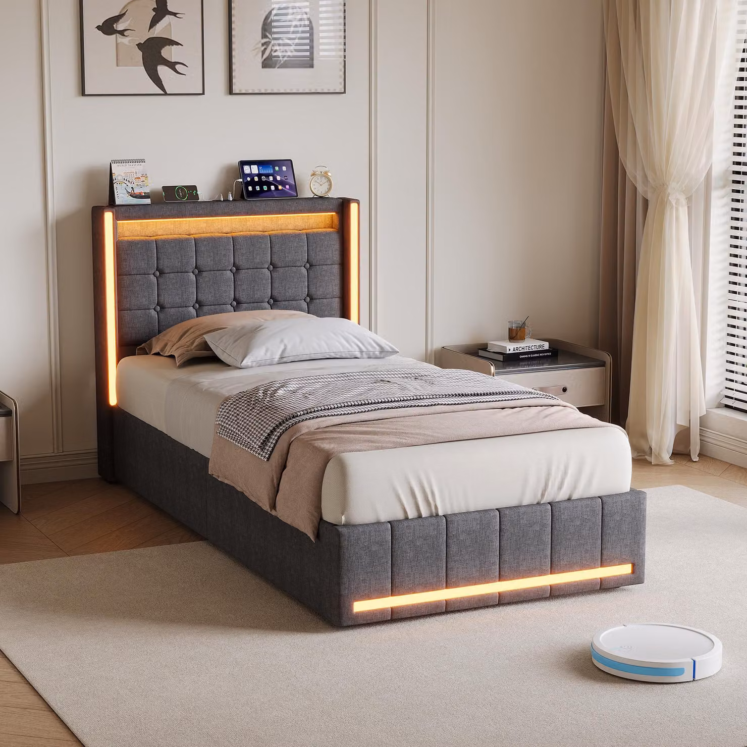 Letto imbottito 90x200 cm con contenitore, luci LED RGB, porta USB-C, 2 porte USB, sistema di sollevamento idraulico, spazio contenitivo, rete a doghe, rivestito in lino, colore grigio, per una piazza