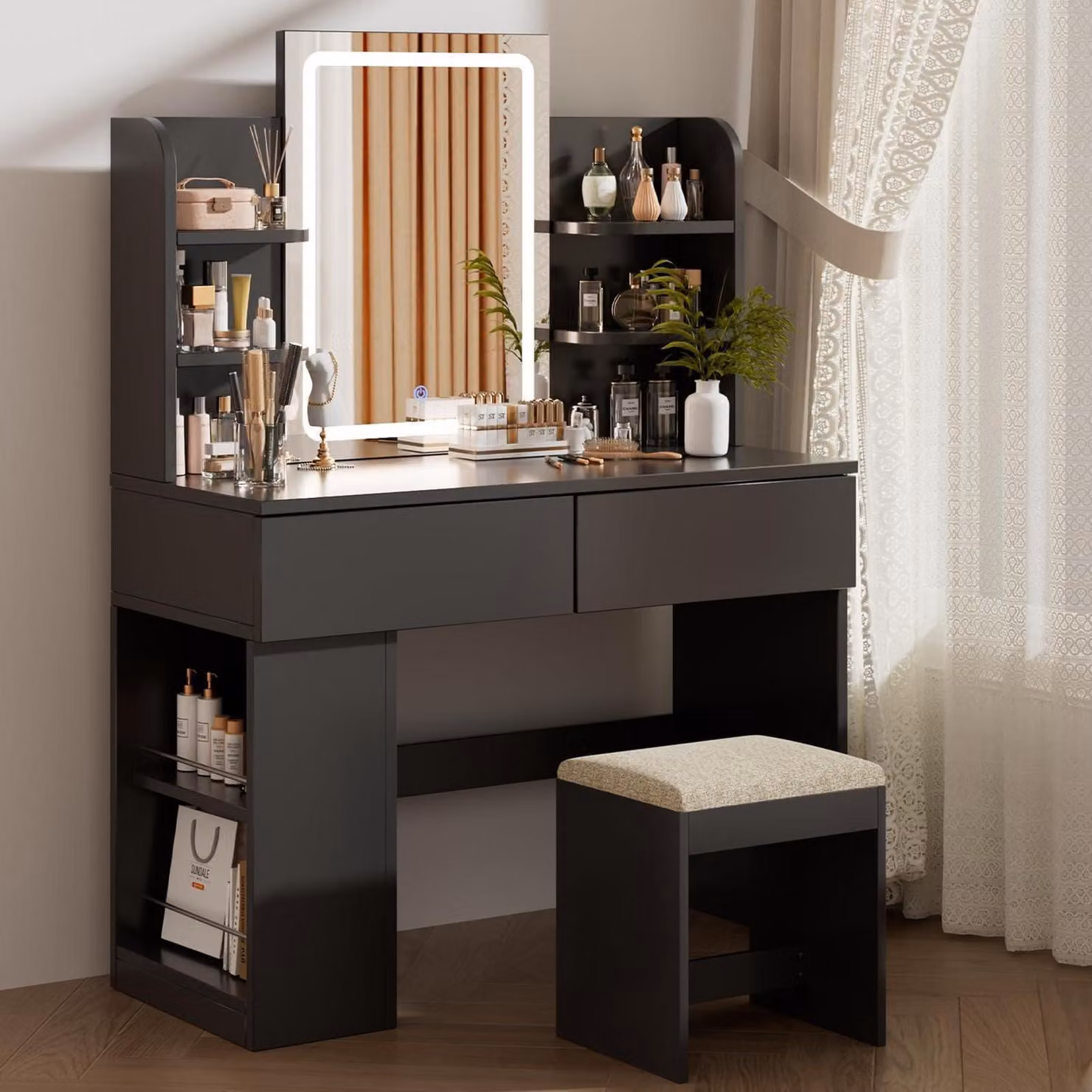 Comò da trucco con illuminazione a LED, poggiapiedi e specchio, 2 cassetti, temperatura del colore e luminosità regolabili, colore nero
