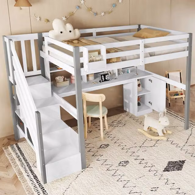 Letto semialto 90x200 cm con scrivania; libreria e scala laterale con contenitore; legno e MDF bianco e grigio