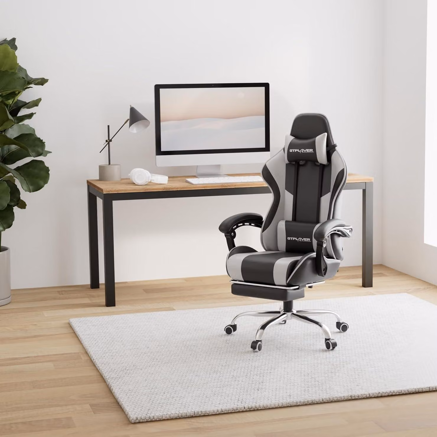 Sedia da gaming ergonomica con funzione massaggio e poggiapiedi, colore bianco