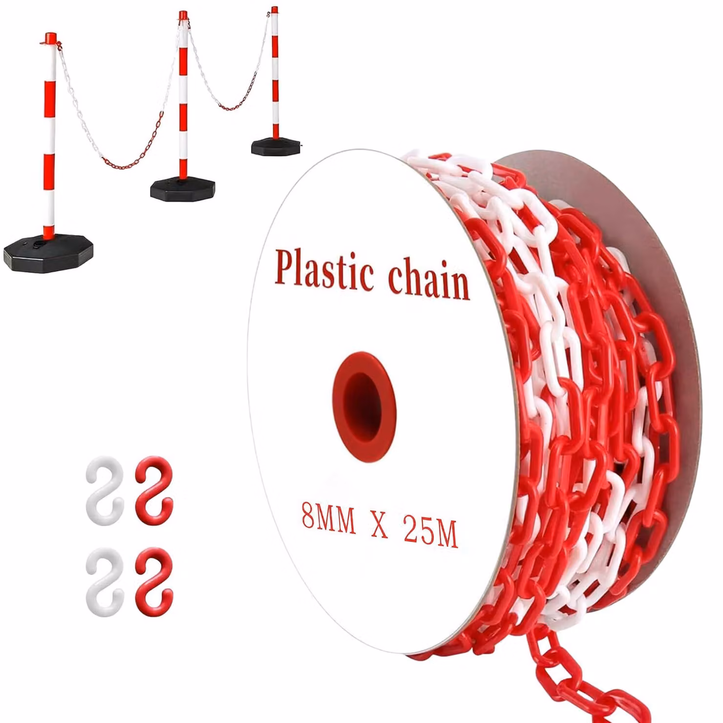 Catena di delimitazione rosso/bianco in plastica, 6/8 mm, 15-50 m, con ganci a uncino