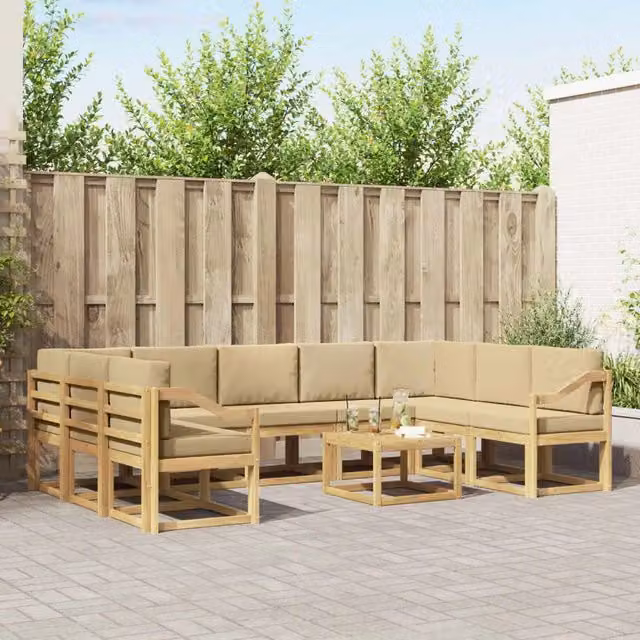 Set di divani da esterno vidaXL a forma di U composto da 10 pezzi in legno di acacia con cuscini in poliestere bianco e beige