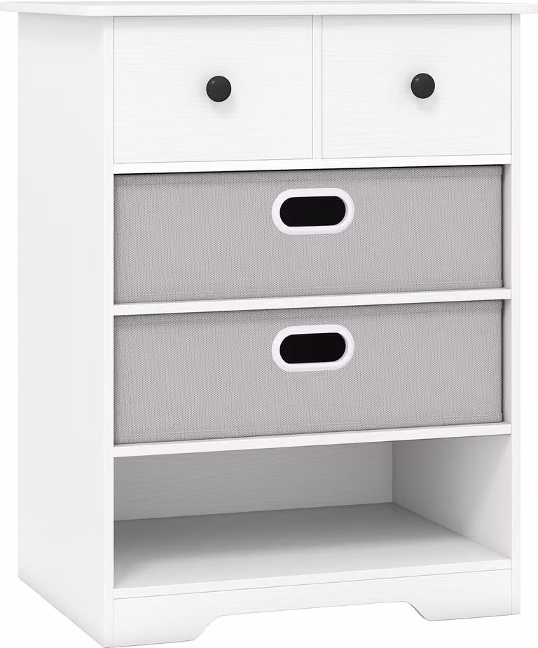 COSTWAY Cassettiera con 4 cassetti, cassettiera con ripiani aperti, comodino, cassettiera per camera da letto, soggiorno, 58x42x75 cm Bianco