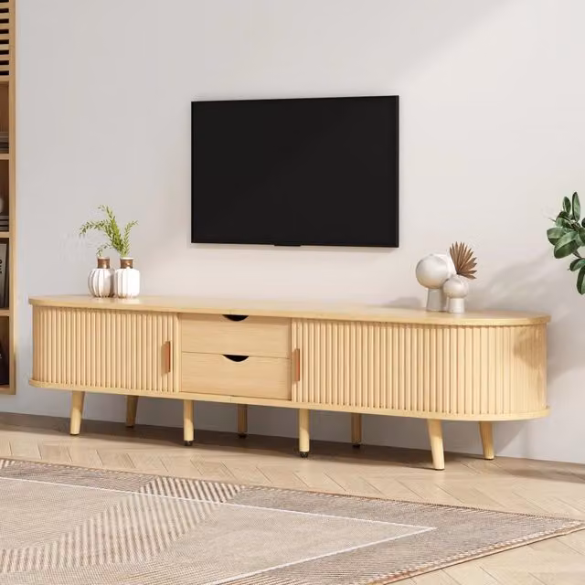 Mobile TV soggiorno con ripiano rotondo, 2 cassetti, MDF effetto legno, 170x40x42 cm, portata 30 kg