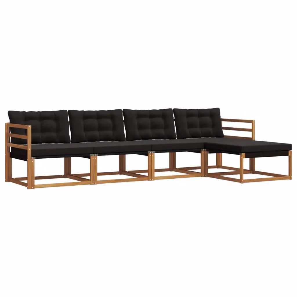 Set di divani da esterno a L vidaXL in legno di acacia con pouf e cuscini, marrone e nero – 2