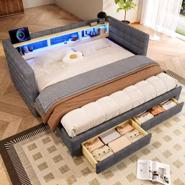 Letto da giorno 90 x 190 cm con due cassetti; panca contenitore; LED e porte USB e tipo C; velluto grigio