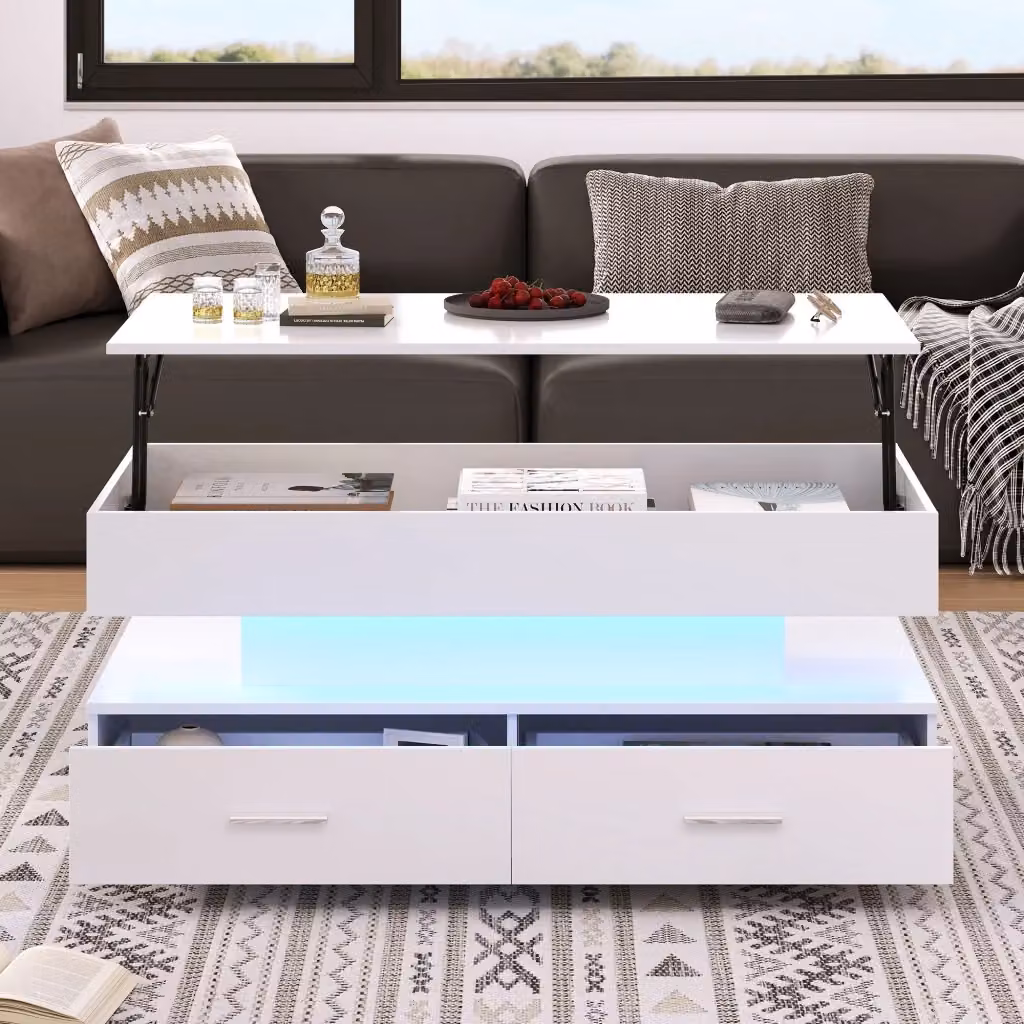 Tavolino basso sollevabile OKWISH moderno in MDF bianco lucido per soggiorno L/P/H: 100 x 50 x 44 cm – 2