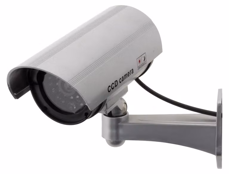 Otio - Finta telecamera di sorveglianza con LED di dissuasione - Bianco - Simula una telecamera reale