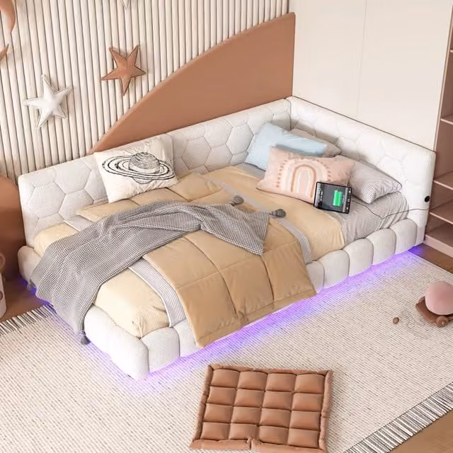 Letto divano singolo 90×200 cm, LED regolabile, USB e Type-C, senza materasso, velluto bianco per camera