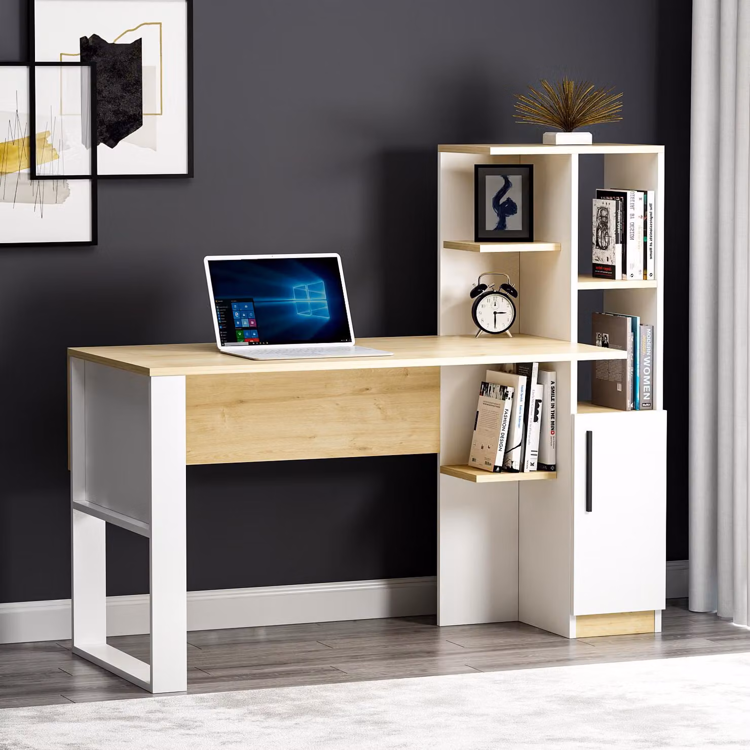 Scrivania Homidea Tody - computer e scrivania - postazione di lavoro - spazio di archiviazione con porta e ripiani dal design moderno per l'ufficio di casa o la camera dei bambini (Tody - bianco/rovere)