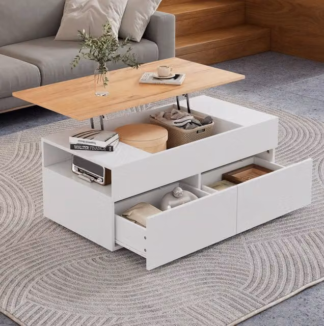 Tavolino da salotto ULEVR 100x50x40 cm con piano sollevabile, 2 cassetti e vani semiaperti, bianco effetto legno