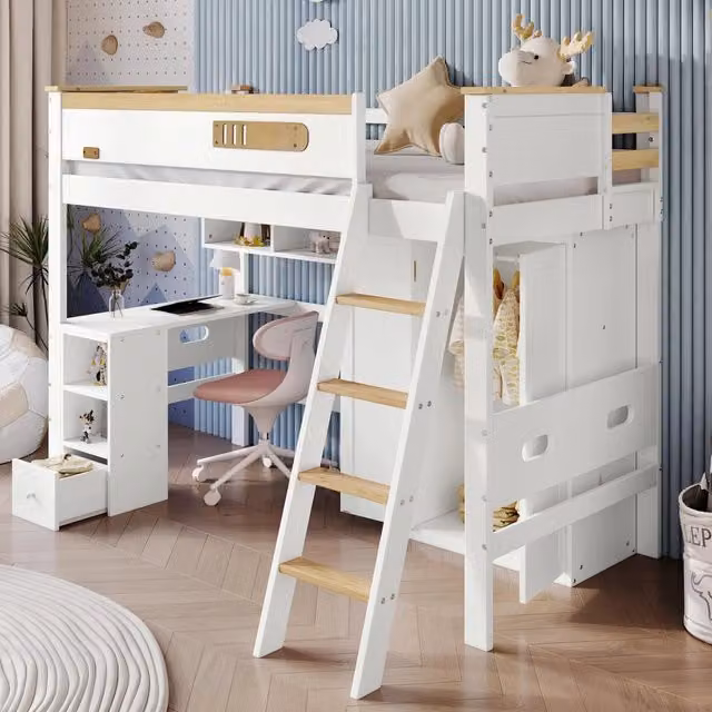 Letto a soppalco per bambini 90 × 200 cm con scrivania, armadio e mensole, senza materasso, bianco naturale