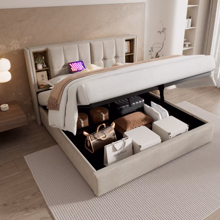 MODFU Letto contenitore a scomparsa, matrimoniale 140x200 cm - Letto moderno con illuminazione LED, porte USB e di tipo C, testiera funzionale e vano contenitore con sistema di apertura idraulica, senza materasso