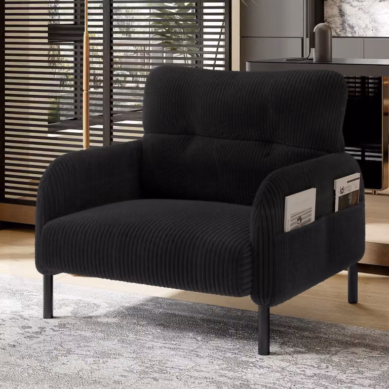 Okwish, poltrona singola relax con tasche laterali su entrambi i lati, ideale per la camera da letto e lo studio, poltrona a una piazza con braccioli, in tessuto vellutato, colore nero