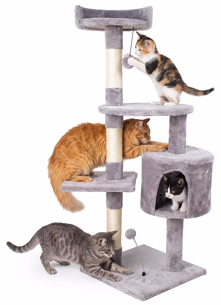 Tiragraffi per gatti, albero, 5 livelli, 112 cm, casetta, cuccia, grigio