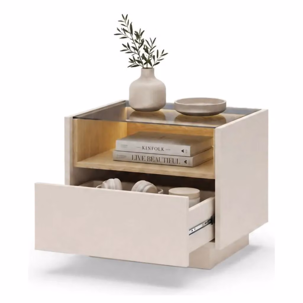 Comodino DMORA con un cassetto e illuminazione integrata, Beige e Marrone, L: 53 cm, P: 40 cm, H: 43 cm – 2