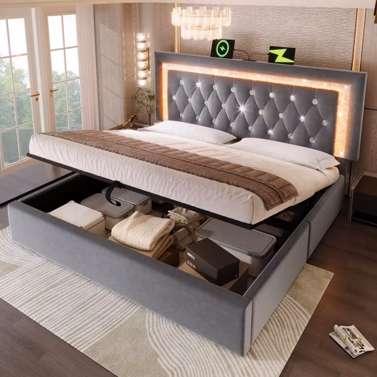 Letto imbottito 160x200, rivestito in velluto, con fascia decorativa a forma di diamanti illuminata a LED, porte USB e USB-C, spazio contenitore idraulico, rete a listelli, senza materasso.
