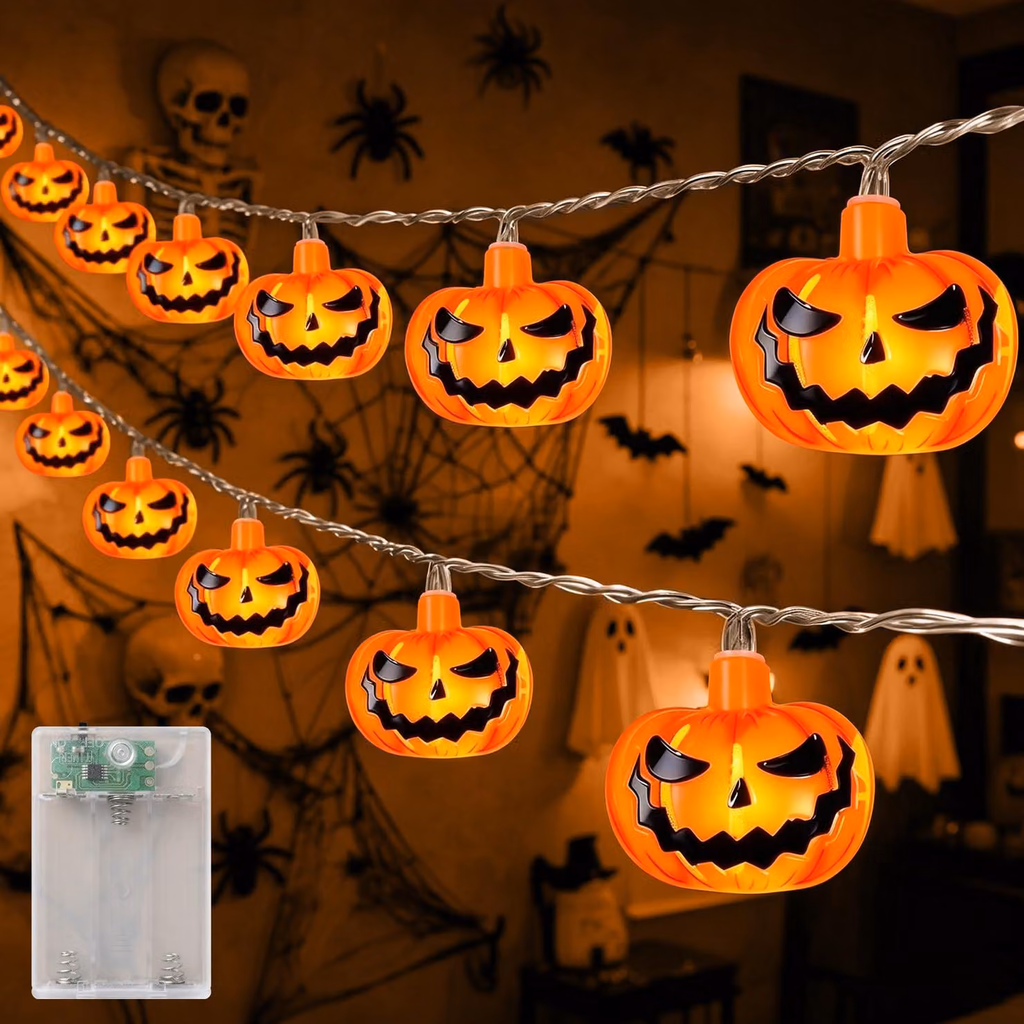 Catena luminosa a tema Halloween, 3 metri, 20 LED a forma di zucca, timer, alimentazione a batteria