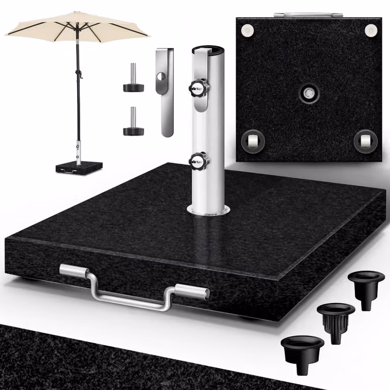 Supporto per ombrellone in granito tillvex® con rotelle e maniglia di trasporto, nero - 27 kg, forma quadrata | Supporto per ombrellone con tubo in acciaio inossidabile | Supporto da balcone per aste da 16-48 mm e ombrelloni con diametro fino a 250 cm