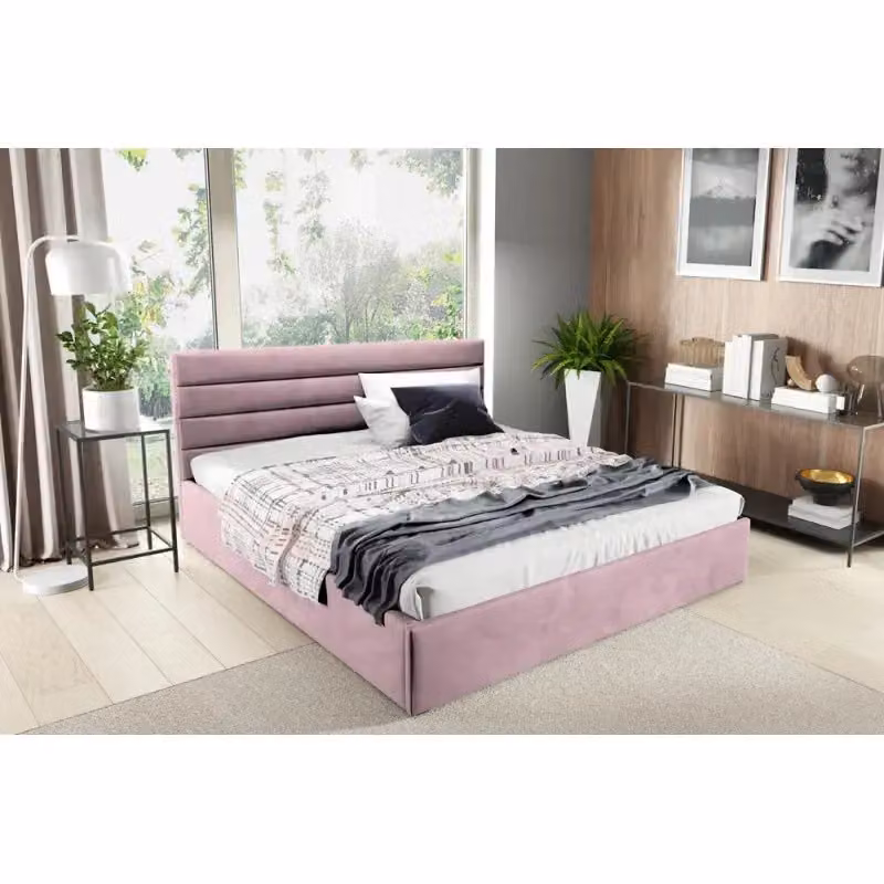 GUTTO Letto imbottito 90x200 con griglia a doghe in metallo Tessuto in velluto rosa con griglia e contenitore