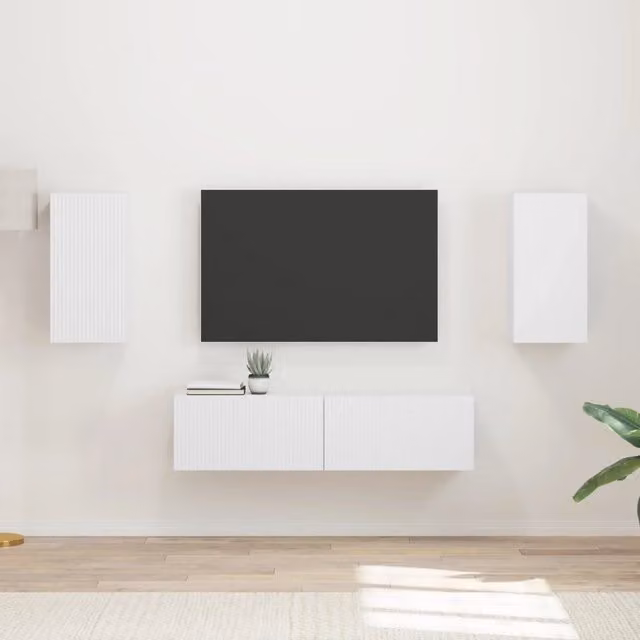 Set mobile TV moderno DESIGN IN composto da 4 pezzi, credenza per soggiorno in legno multistrato bianco e legno, L: 137 cm, P: 31 cm, H: 60 cm