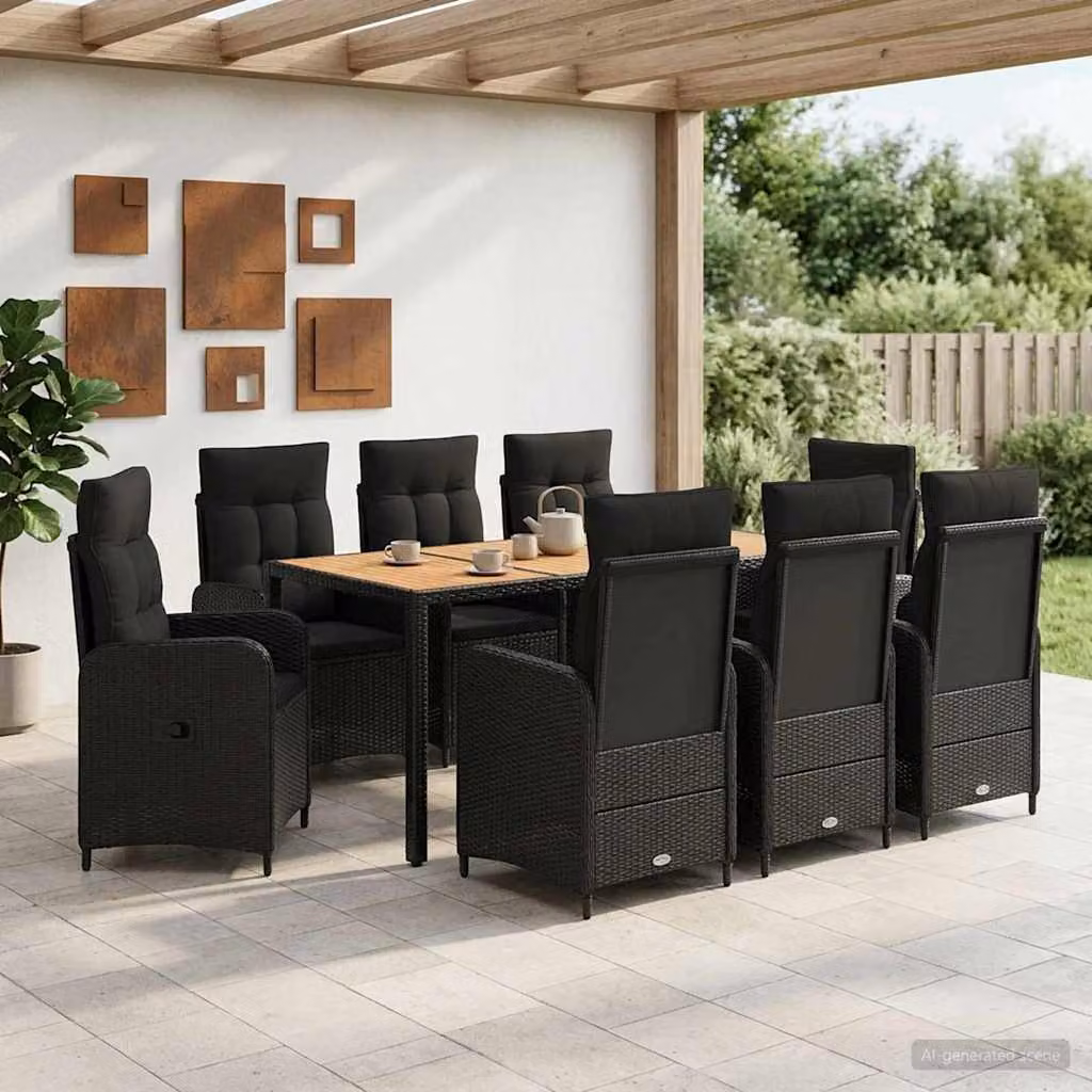 Set da pranzo per esterni vidaXL in polyrattan e legno di acacia nero, 9 pezzi