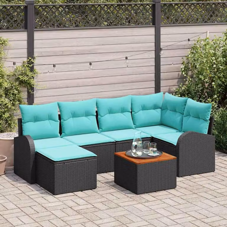 Maison Exclusive - Set da giardino composto da 7 pezzi. Divano e poltrone in rattan sintetico, colore nero e turchese