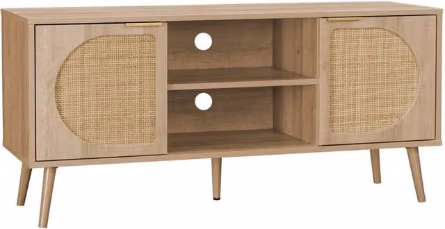 Mobile TV moderno Sweeek in legno e rattan marrone con canna arrotondata L: 120 cm, P: 39 cm, H: 56,5 cm