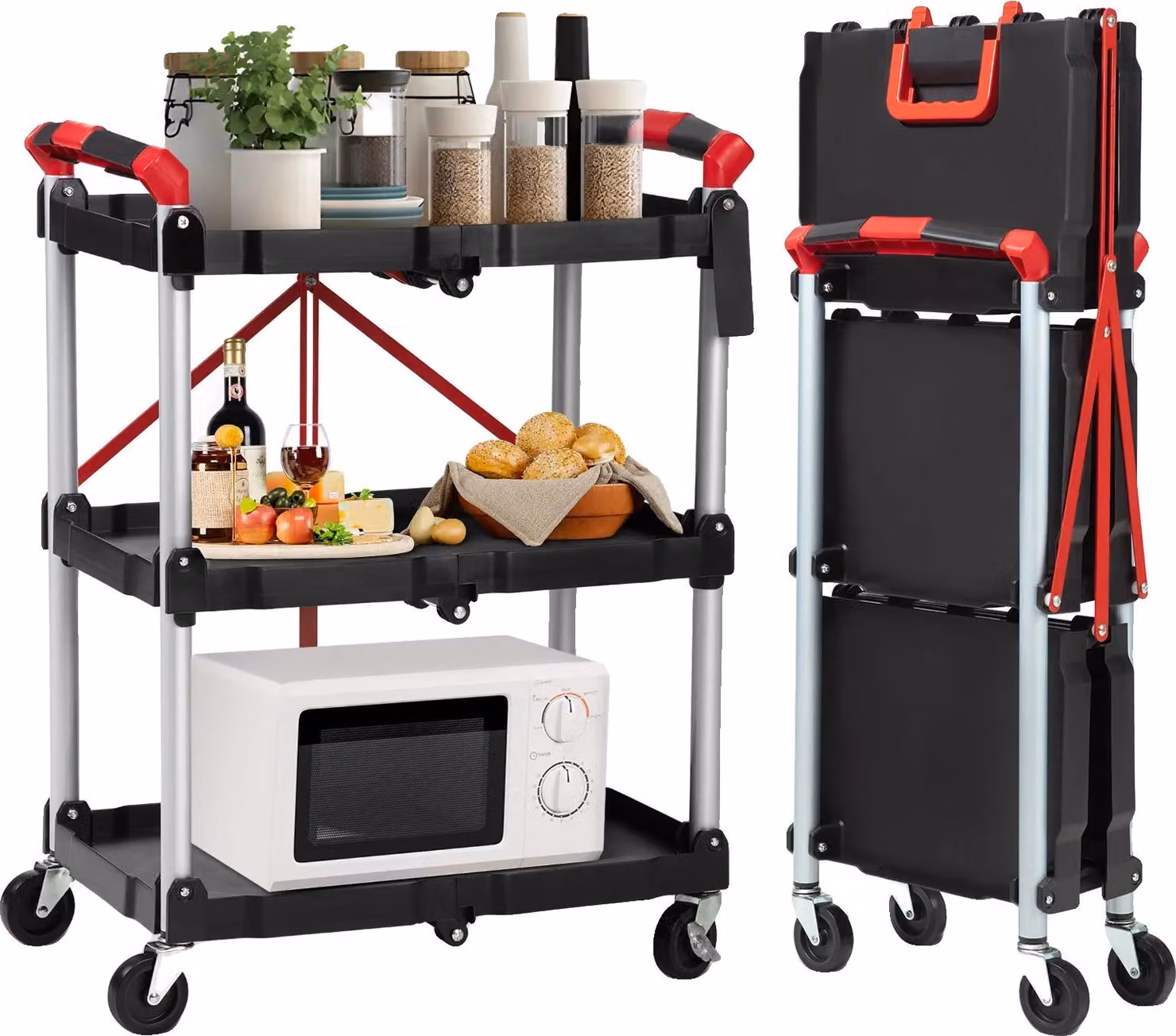 Carrello multiuso, design pieghevole, struttura a 3 livelli, nero
