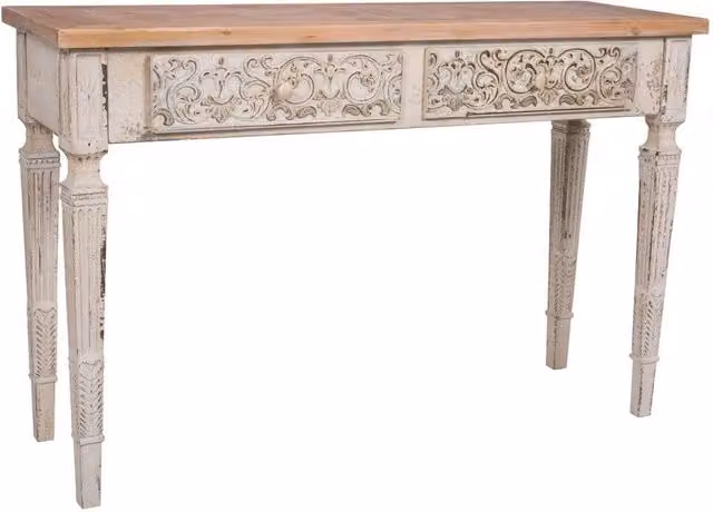 Mueble de entrada in legno bianco invecchiato e naturale con 2 cassetti 120x40x78h cm
