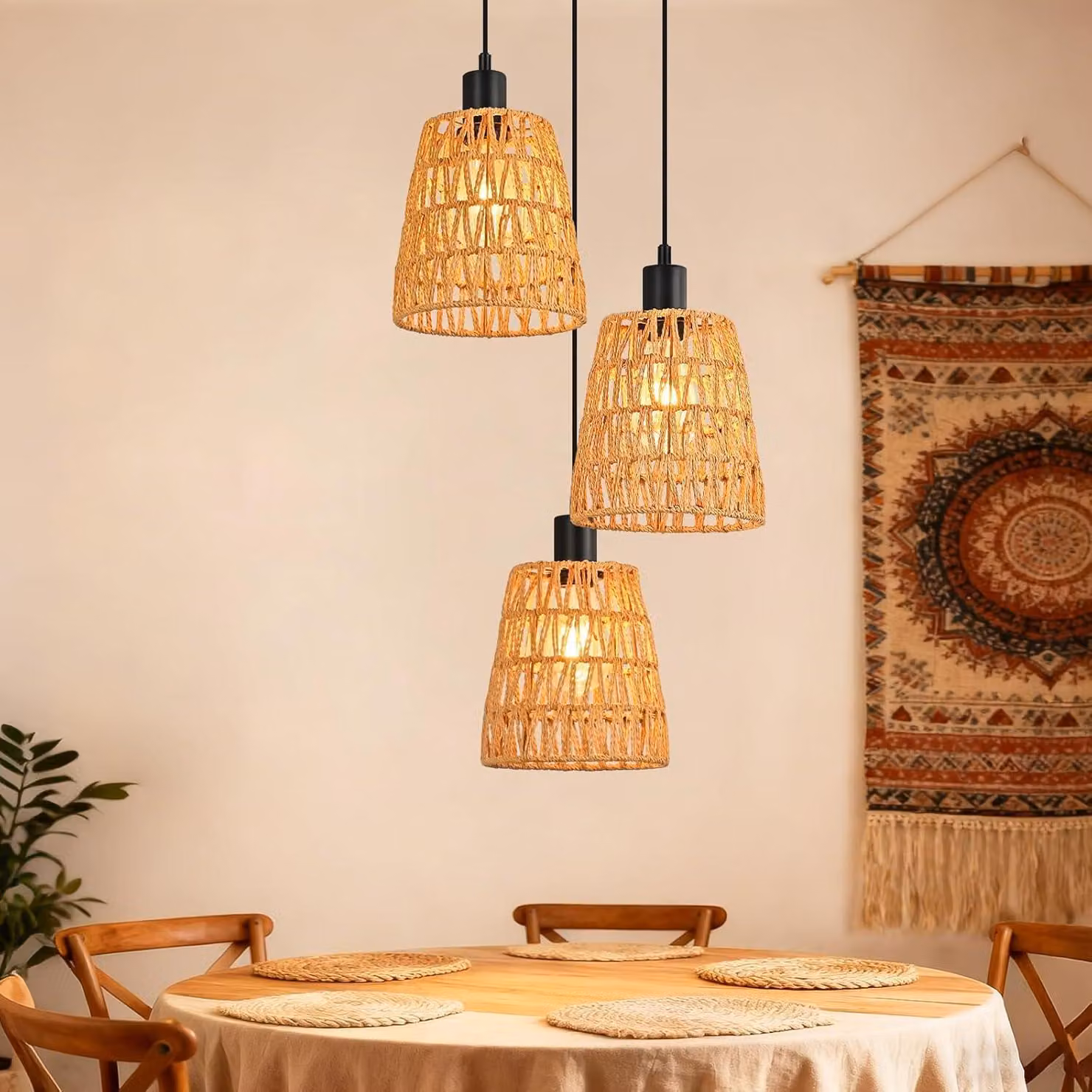 ZMH Lampada a sospensione Boho Lampada a sospensione in rattan a 3 fiamme per tavolo da pranzo Lampada a sospensione intrecciata retrò Paralume in canapa Corda E27 Lampada a sospensione per camera da letto
