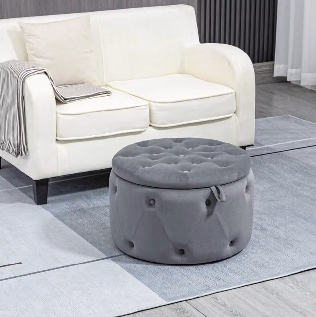 Pouf contenitore rotondo 60x40 cm grigio, seduta imbottita senza montaggio