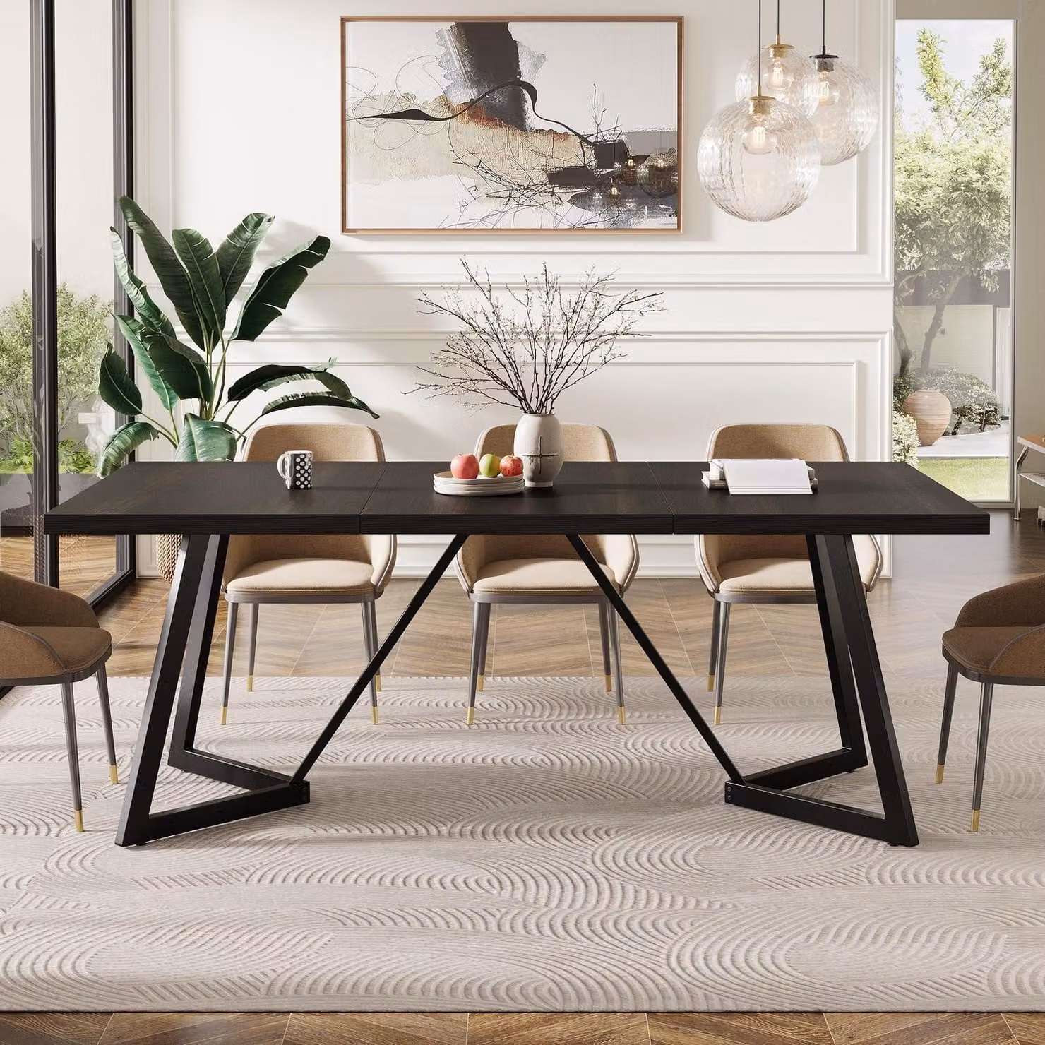 Tavolo da pranzo rettangolare nero, 180 cm, con struttura in metallo, adatto per 4-6 persone