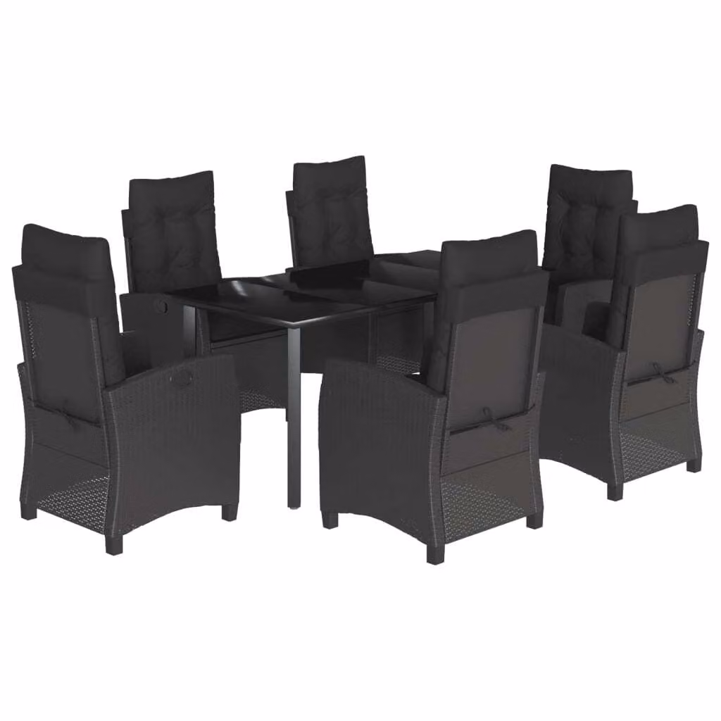 Set da Pranzo da Giardino 7 pz Nero con Cuscini in Polyrattan