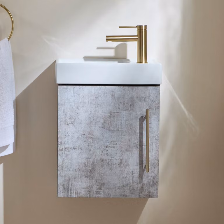 Mobile Bagno Grigio Cemento Sospeso da 400mm con Lavabo e Maniglia con Barra a T in Oro Satinato - Cluo