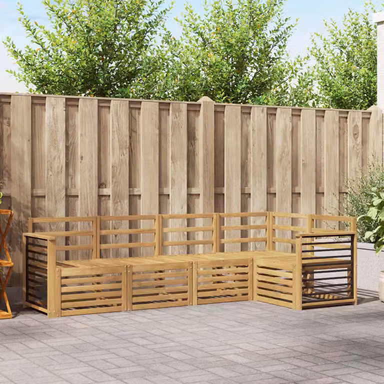 Set di divani da esterno vidaXL 5 pz in legno di acacia massello con cuscini bianchi e marroni a forma di L