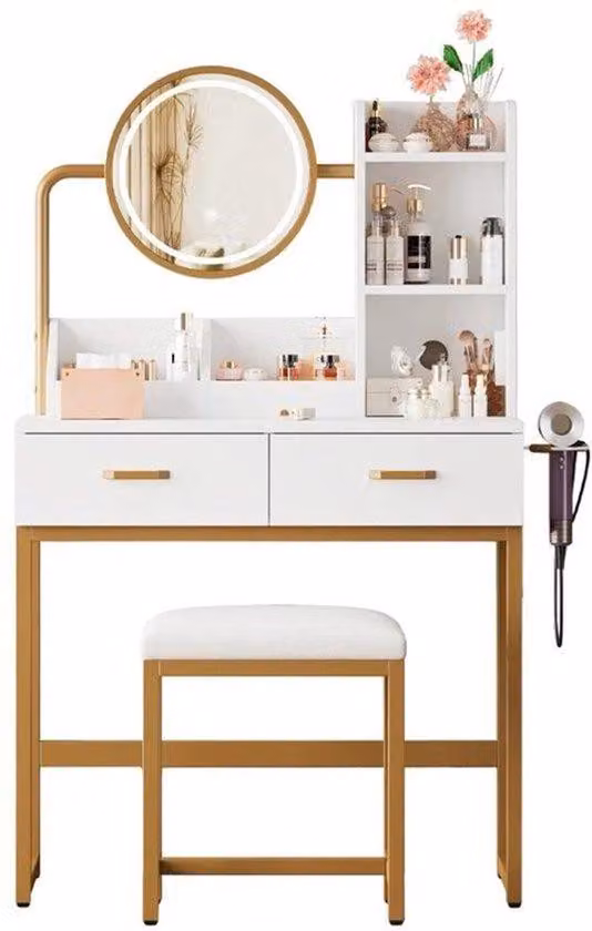 Tavolino da trucco con illuminazione - Gambe dorate - Design compatto - Con cassetti e spazio contenitivo